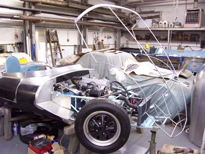 Elva Mk3 Front showing engine and running gear fitted and wire frame for bonnet