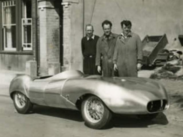 Image of an Elva MK3 racing car with Les Tye, Alan Jenner and Roy Watson who built the bodywork